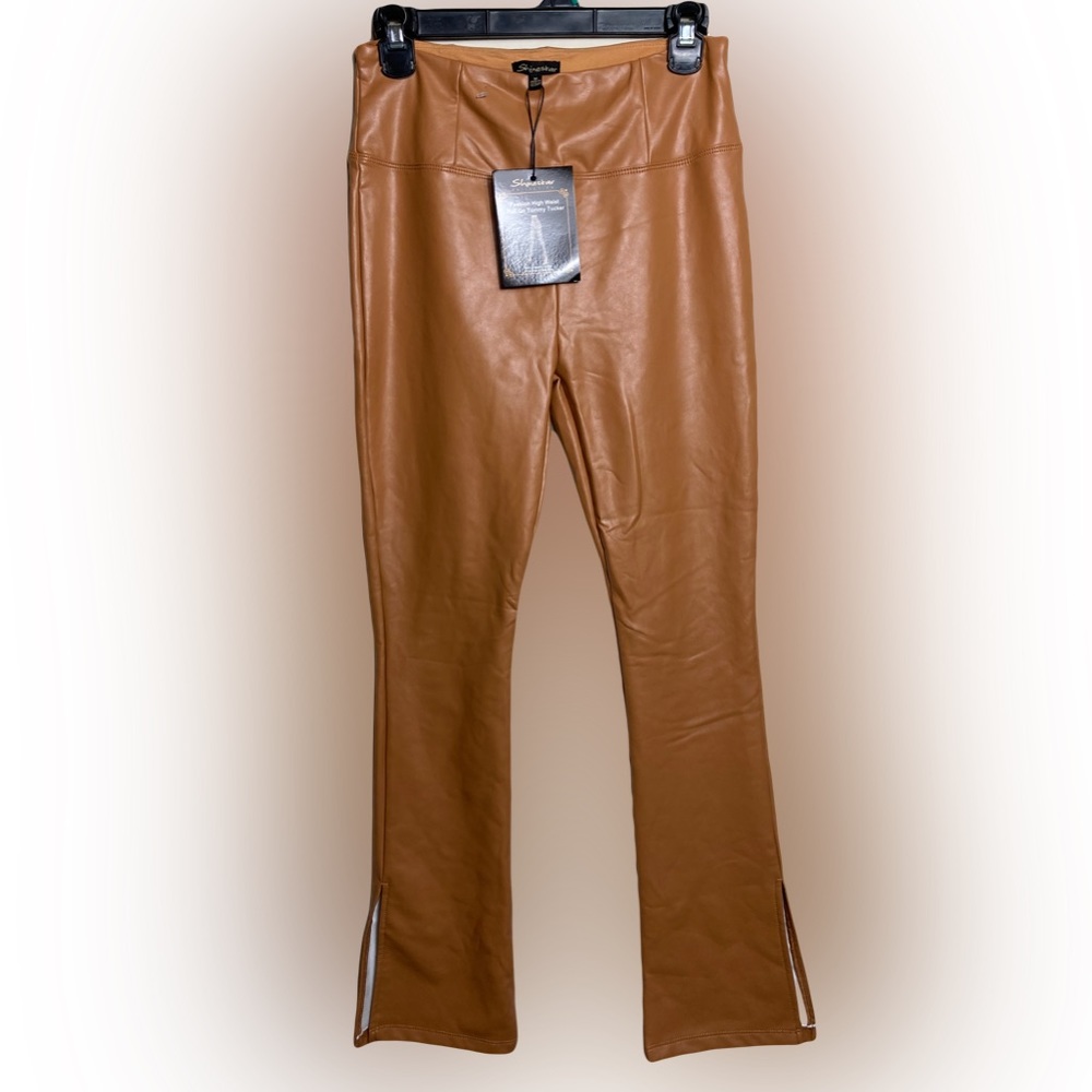NEW NWT Tummy Tucker Shinestar Camel Brown High Waist Faux Leather Pants Med…